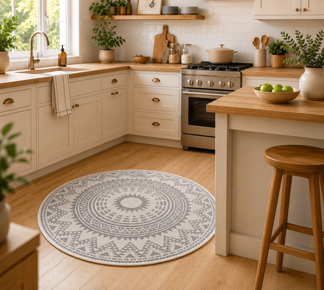 Grey Boho Round Kitchen Hallway Rug 