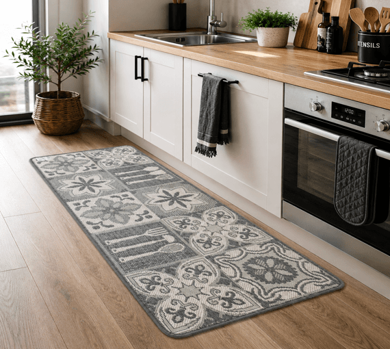 Grey Kitchen Runner Rug Modern Tile Pattern 