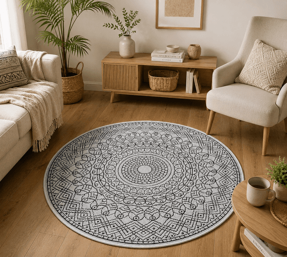 Round Grey Mandala Geometric Rug