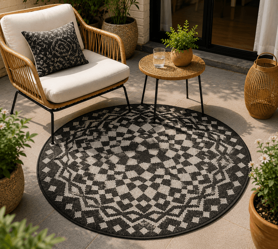 Round Indoor Outdoor Rug Geometric Pattern 