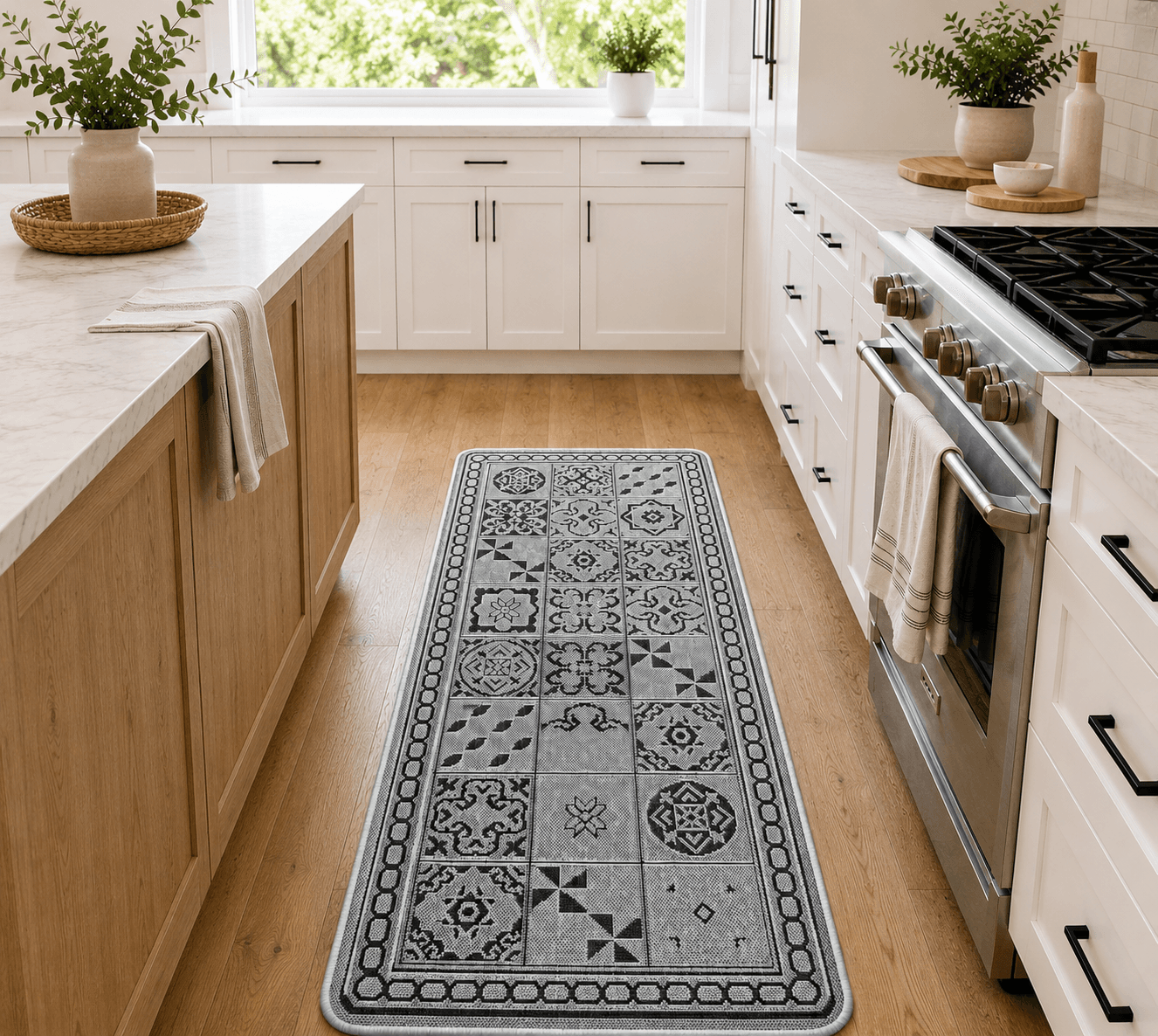 Grey Mosaic Kitchen Hallway Runner Rug