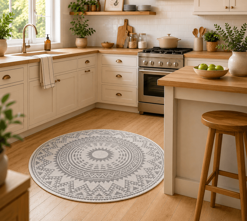 Grey Boho Round Kitchen Hallway Rug