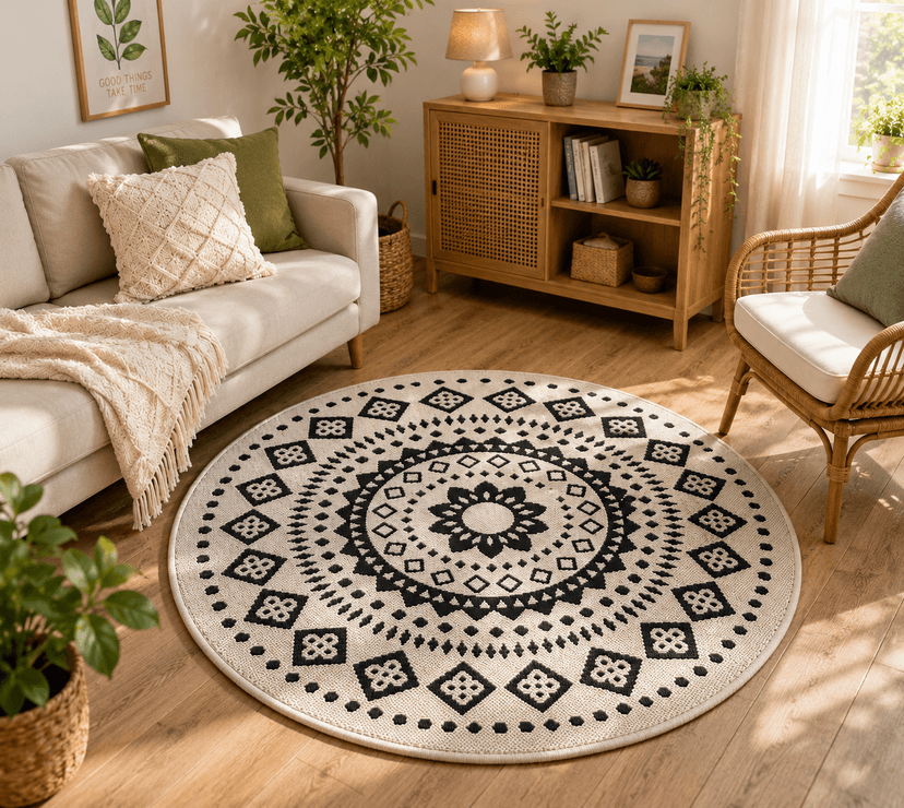 Round Boho Rug Brown Cream